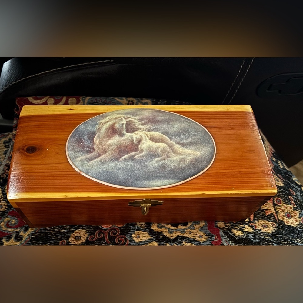 Vintage Cedar Jewelry Trinket Box with Unicorn and foal (make an offer)